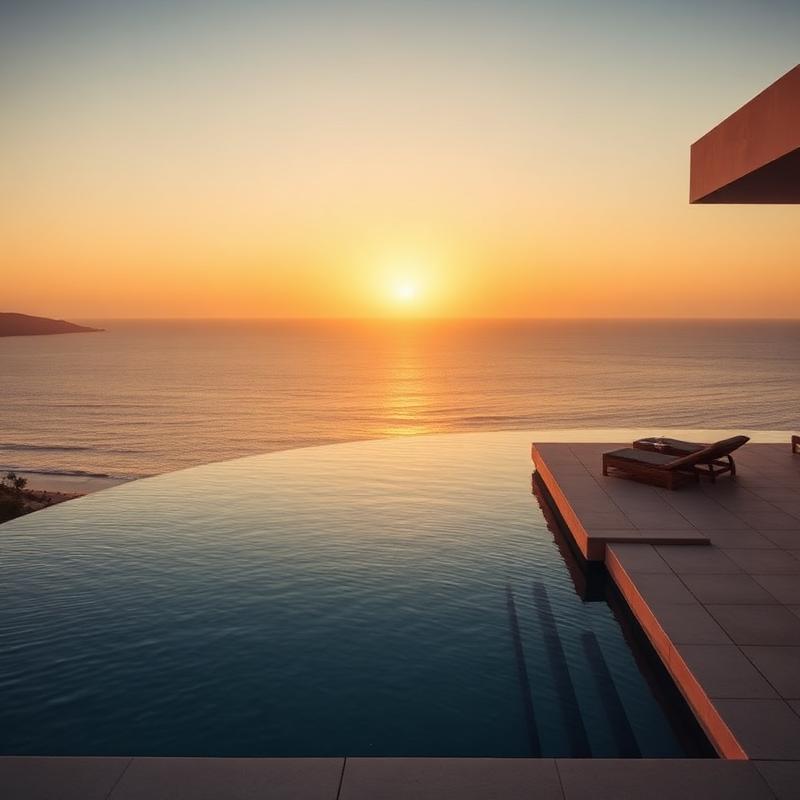 Paseo por la piscina de Villa Azul al atardecer